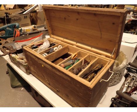 Pine tool chest on castors with hand tools fix fittings to the interior and electric drill 