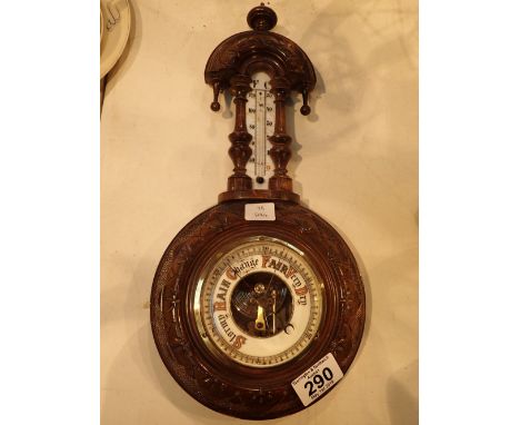 Carved oak barometer thermometer