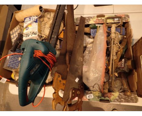 Two boxes of DIY tools hand saws fixings and fittings with a Bosch hedge trimmer  CONDITION REPORT: The electrical items incl