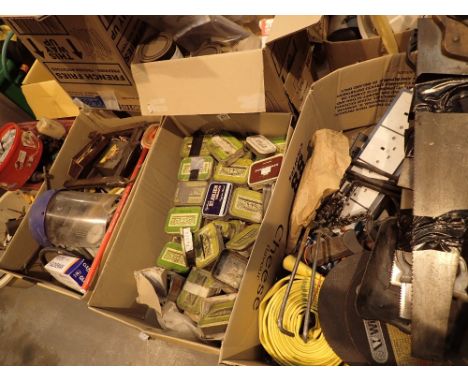 Five boxes of mixed tools and fixings etc 
