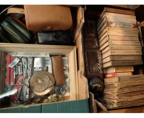 Two boxes of collectables to including camera binoculars multi tools Observer books and tea cards 