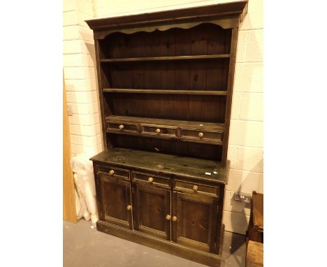 Large green and brown stained pine Welsh dresser with shelf and drawer back 