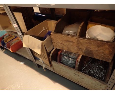 DIY shop wooden nail bins with contents and arrow hammer tack and two boxes of nuts bolt fixtures hinges hooks handle and ret
