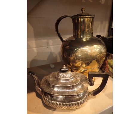 Plated teapot and a brass jug