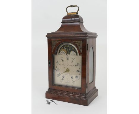 George III mahogany bracket clock, by Jonathan Mann, London, caddy top with lacquered brass carrying handle, painted 6'' dial