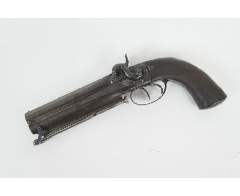 Double barrelled over and under percussion pistol by Wilkinson, London, .50 calibre, 6'' barrels, with foliate chased lock an