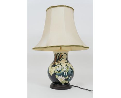 Moorcroft Lamia baluster table lamp, designed by Rachel Bishop, with original base and cream coloured fabric shade, total hei