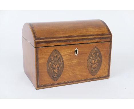 George III satinwood and inlaid tea caddy, circa 1790, of domed casket form, the front panel inlaid with bows and vase oval i
