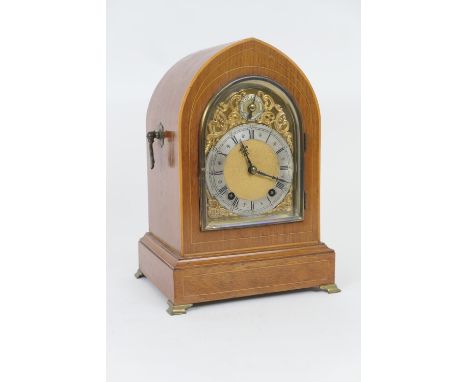 Winterhalder & Hofmeier mahogany cased chiming mantel clock, the lancet shaped case enclosing a brass dial with matted centre