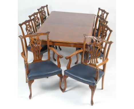 Burr walnut extending dining table, in Queen Anne Revival style, late 20th Century, the top crossbanded and accommodating one