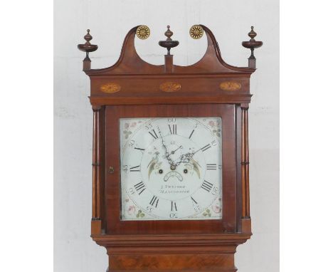 J Twyford, Manchester, mahogany eight day longcase clock, circa 1810, with swan neck pediment and three turned wooden finials