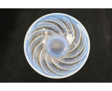 Lalique Poisson bowl, moulded and tinted with blue opalescence, stencilled mark 'R Lalique France', 24cm diameter (Please not