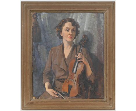 Yule Hayes, Portrait of Mrs Mervyn Evans with violin, oil on canvas, signed and dated 1953, titled to original label verso, 7