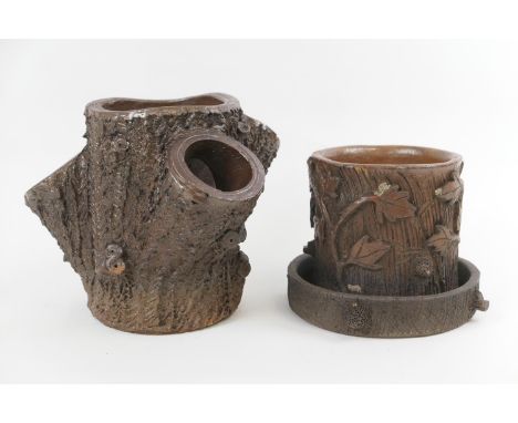 Buckley Pottery 'tree stump' strawberry planter, rich brown glaze worked with a bark finish, height 28cm; also a Buckley Pott