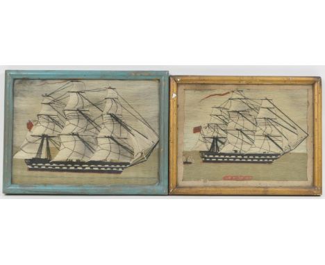 Victorian woolwork ship portrait of HMS Hawke, framed, 25cm x 33cm; also a similar tapestry ship portrait (un-named), 26cm x 