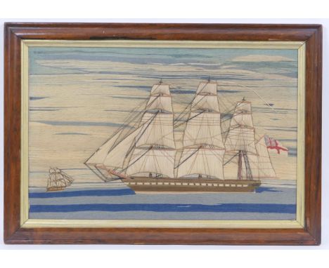 Victorian woolwork tapestry featuring an English clipper on calm seas, within a contemporary rosewood frame, 48cm x 68cm (Ple