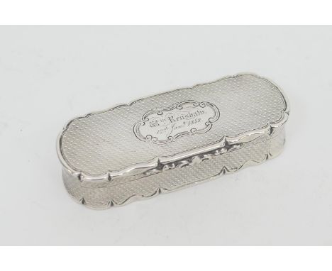 Victorian silver snuff box, by Edward Smith, Birmingham 1856, shaped rectangular form with engine turned decoration and inscr