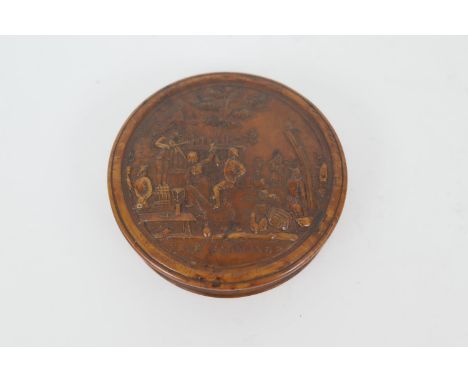 Pressed burr wood circular snuff box, 19th Century, the cover decorated with a scene of revellers, titled 'Fete Flamande', to