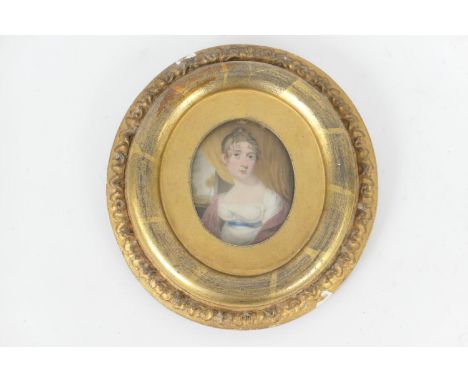 English School (19th Century), Portrait miniature of a girl in a white dress with blue ribbon band, watercolour on ivory, 6.5