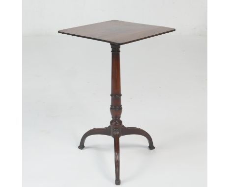 Regency goncalo alves tripod table, rectangular top over a slender turned and ringed column, raised on three umbrella support