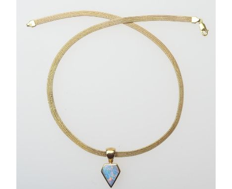 Opal pendant necklace in 9ct gold, the opal set within a pentagon mount, with loop for suspension, 25mm drop, on a mesh choke