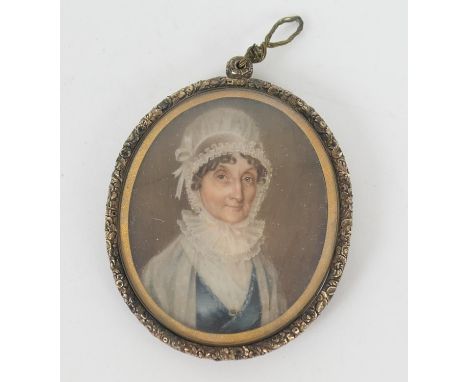 English School (Circa 1830), Portrait miniature of a lady in a white lace bonnet and ruff collar, watercolour on ivory, unsig