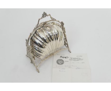 Victorian silver plated biscuit box, by M&Co., circa 1875, folding scallop shell form within a crabstock frame, width 20.5cmP