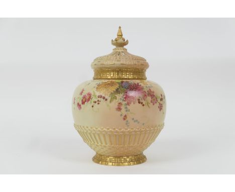 Royal Worcester pot pourri jar and cover, circa 1899, baluster shape decorated with foliate sprays in colours against a peach