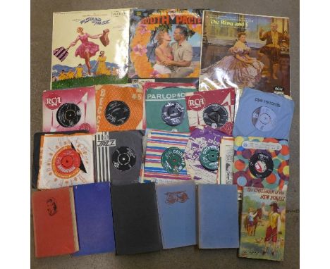 A collection of 7" singles including The Beatles, Rolling Stones and Elvis Presley and a small collection of books