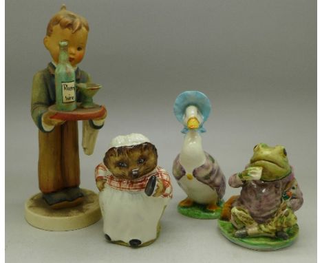 Three Beatrix Potter figures, Mrs Tiggywinkle, Mr Jeremy Fisher and Jemima Puddleduck plus a Goebel figure, The Waiter