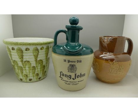 A Denby planter, Doulton relief moulded salt glaze jug and a Long John Scotch whisky bottle