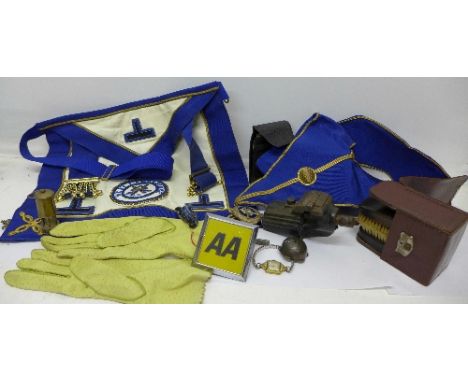 A Masonic apron and sash with silver medal, lady's gloves, a brush set, etc.