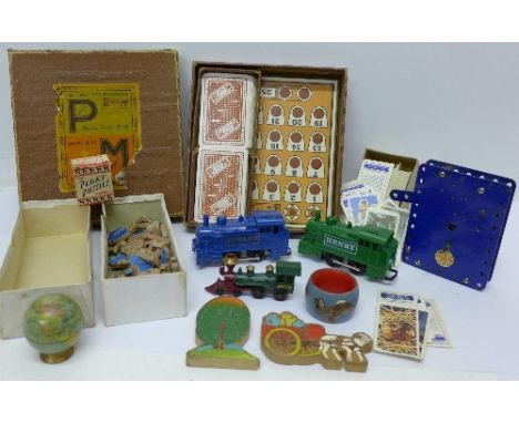 Assorted games, locomotives, miniature globe, etc.