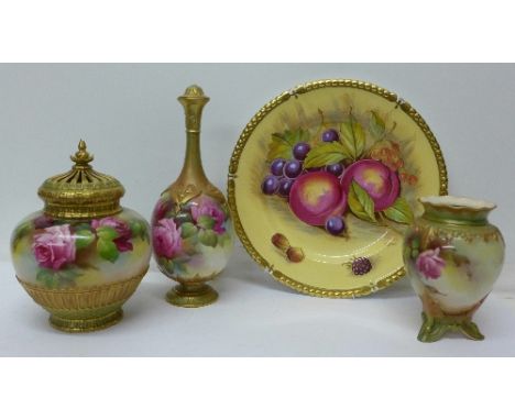 A Royal Worcester pot pourri and two other vases, all a/f, one signed M. Blake, and an Aynsley Orchard Gold plate