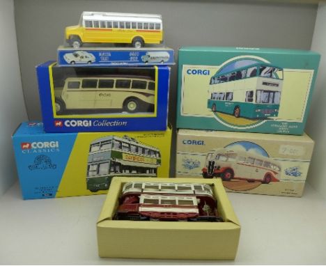 Five Corgi transport die-cast model vehicles including Nottingham City Transport trolley-bus and one other Malta Bus, all box