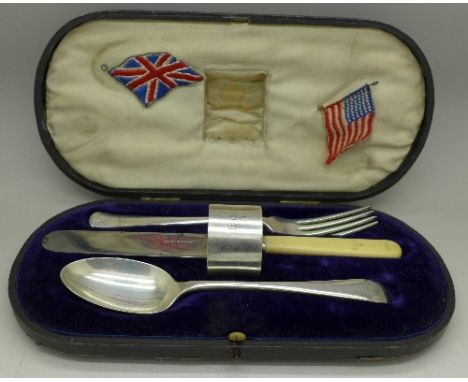 An Elkington & Co. presentation dining set of knife, fork, spoon and napkin ring, with inscription Billie M, in a fitted Elki