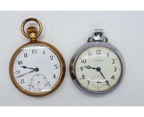 A yellow metal pocket watch, Arabic numerals on a white dial with subsidiary seconds dial,  seven jewel mechanical movement, 