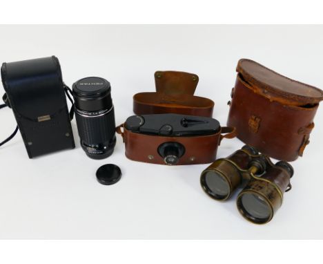 Lot to include an early 20th century pair of British army field glasses, camera and Pentax camera lens. [W]