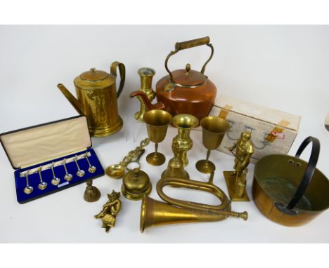 Metal ware comprising plated, brass and copper to include candelabra, brass counter top bell and other. 