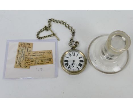 Lot to include a glass LNER inkwell and stopper, white metal pocket watch and two 1930's train tickets believed to be from th