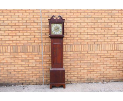 An early 18th century single hand 30-hour longcase clock, simple oak case, birdcage or posted frame movement with driving rop