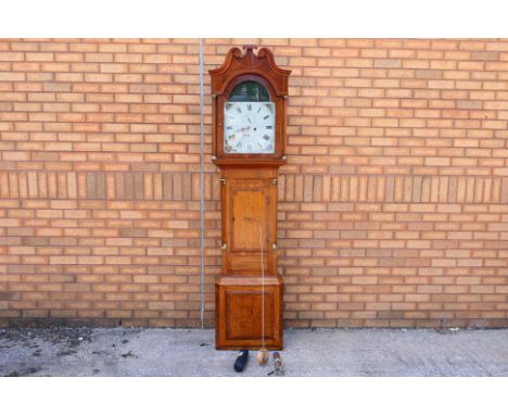 An early 19th century 8-day longcase clock, oak and crossbanded mahogany case with ¾ length door, flanked by quarter reeded c