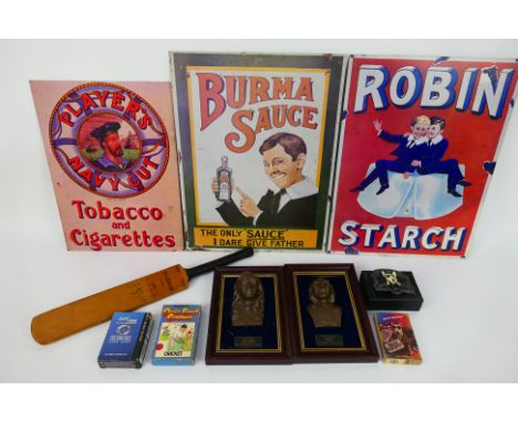Lot to include a Bud Light Spuds MacKenzie belt buckle, metal advertising signs, Star Trek wall plaques and similar. [W]