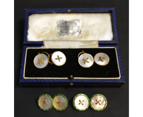 A Pair of 18ct. Gold Mother of Pearl and Green Enamel Cufflinks of circular form together with a set of four 9ct. gold mother