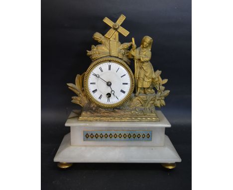 A 19th Century French Spelter and Alabaster Mantle Clock with figural surmounts with windmill and dog upon a stepped alabaste