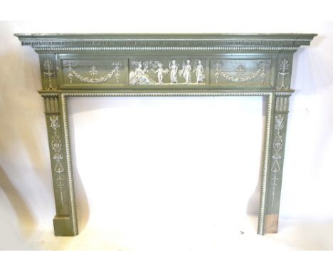 A 19th Century Adams Style Gesso and Painted Fire Surround decorated in relief with classical figures, bows and swags, 175 cm