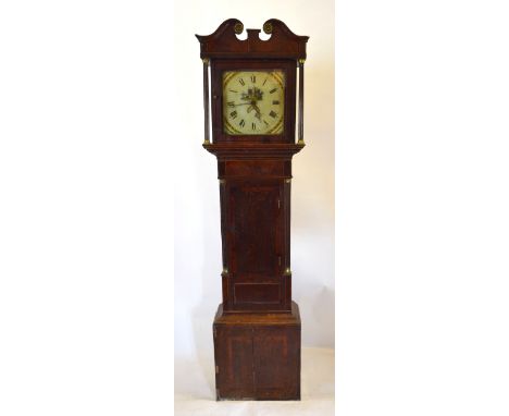 A George III Oak and Mahogany Long Case Clock, the square hood with swan neck pediment above a square door flanked by reeded 