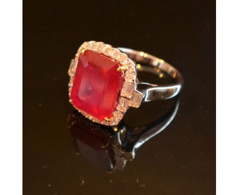 An 18ct White Gold Art Deco Style Ruby and Diamond Ring, 8.78ct/0.68ct