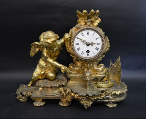 A 19th Century French Ormolu Time Piece in the form of Cupid with a Sailing Boat, the enamel dial with Roman numerals and sin