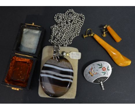 A Japanese White Metal and Enamel Decorated Brooch in the form of a fan together with other items to include a small piece of